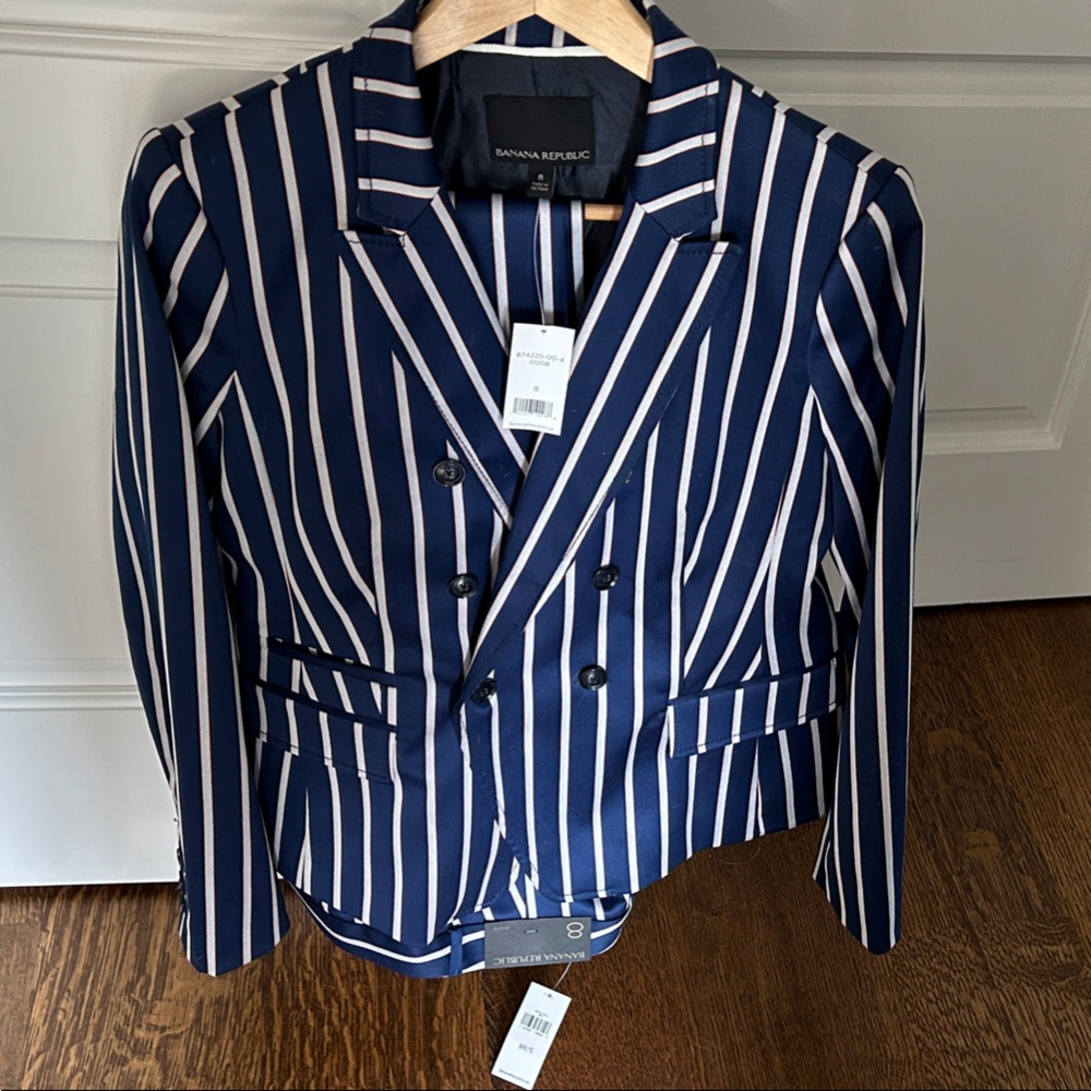 Banana Republic Women's Navy & White Striped Double-Breasted Blazer